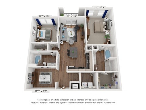 Floor plan for 2 beds, 2 baths, 1397 sqft